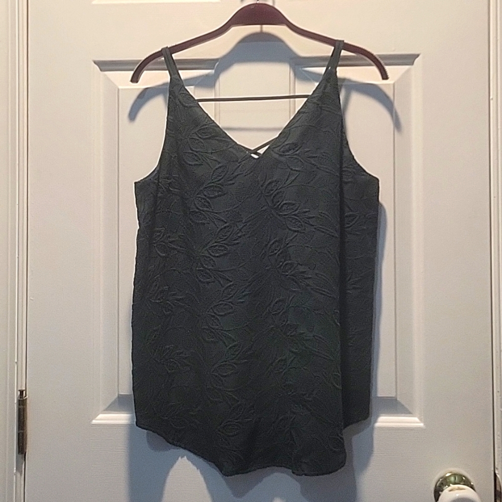 Ann Taylor Loft Green Low Back Strap Tank Top Floral Embroidered